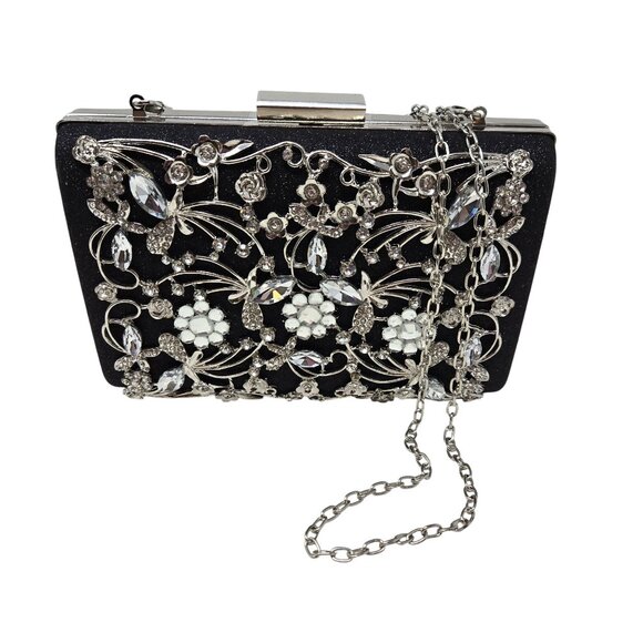 Black Crystal Embellished Sparkly Evening Clutch Silver Chain Formal Prom Homeco - Picture 1 of 10